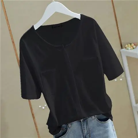 Women V-Neck Bamboo Cotton T-Shirt White Loose Summer - Image 2