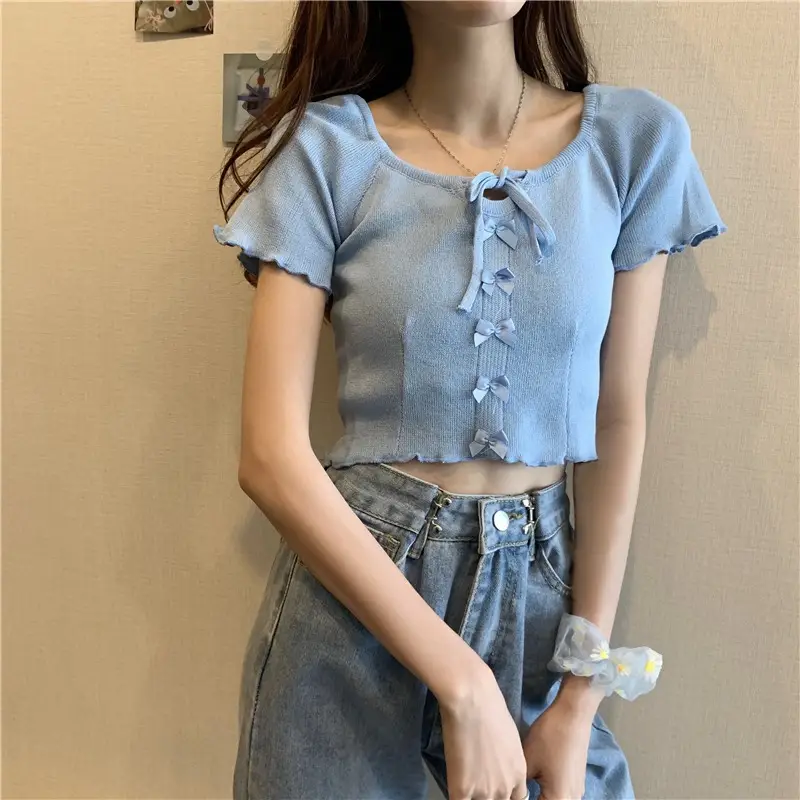 Women Blue Knitted Square Collar T-Shirt Summer Niche Design - Image 7