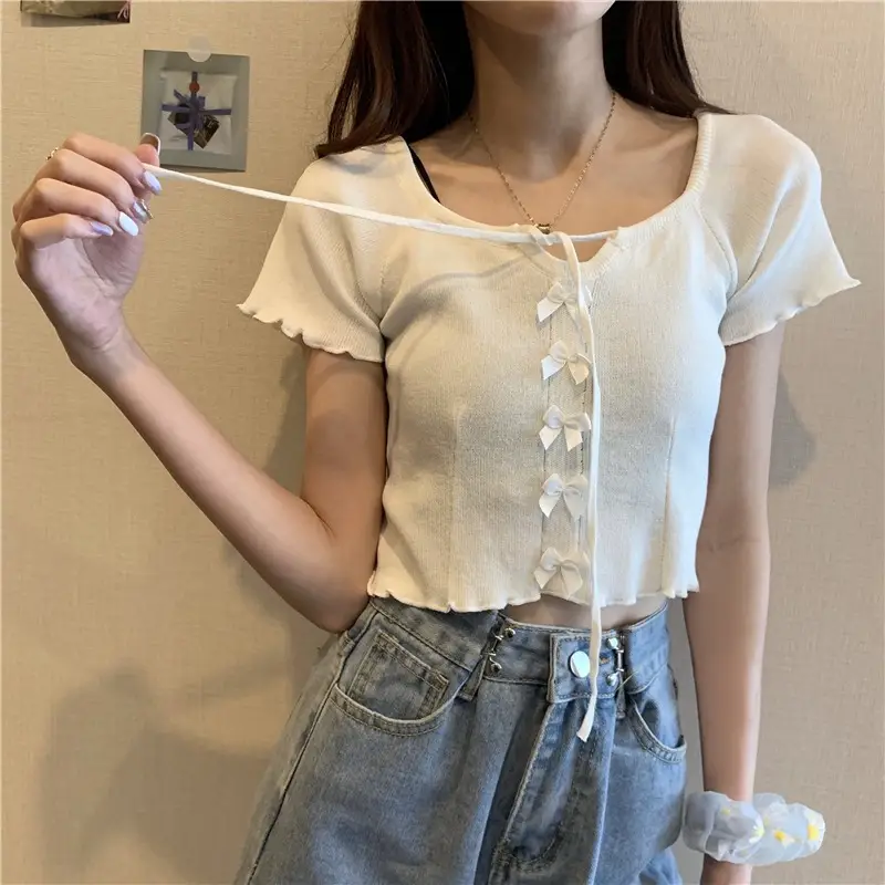 Women Blue Knitted Square Collar T-Shirt Summer Niche Design - Image 8