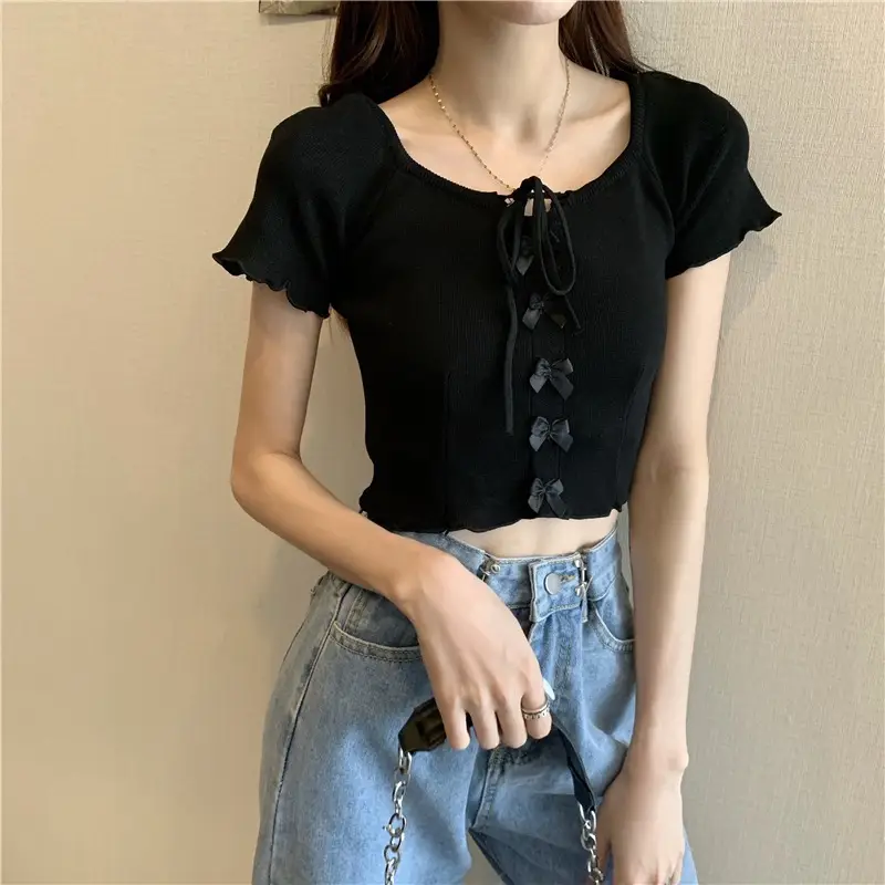 Women Blue Knitted Square Collar T-Shirt Summer Niche Design - Image 10