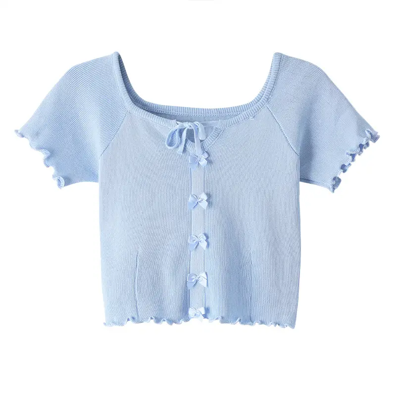 Women Blue Knitted Square Collar T-Shirt Summer Niche Design - Image 11
