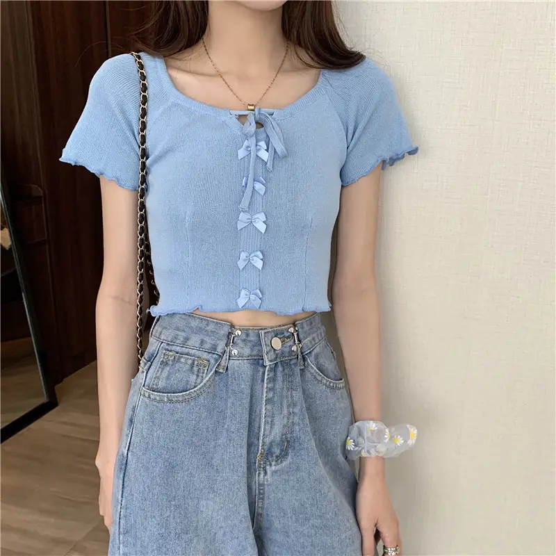 Women Blue Knitted Square Collar T-Shirt Summer Niche Design — feature 10