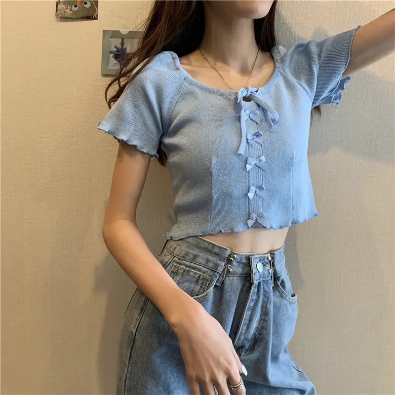 Women Blue Knitted Square Collar T-Shirt Summer Niche Design — feature 12