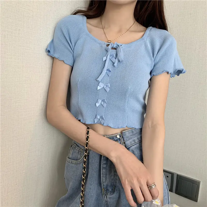 Women Blue Knitted Square Collar T-Shirt Summer Niche Design — feature 13