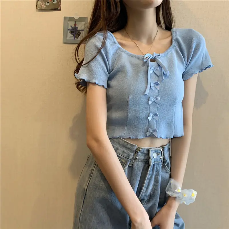 Women Blue Knitted Square Collar T-Shirt Summer Niche Design — feature 14
