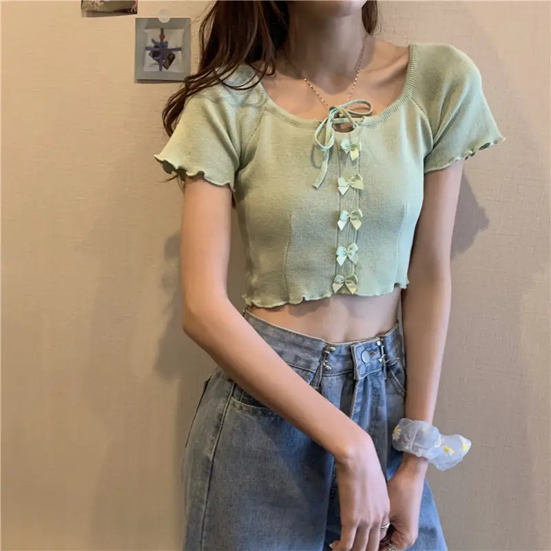 Women Blue Knitted Square Collar T-Shirt Summer Niche Design — feature 15