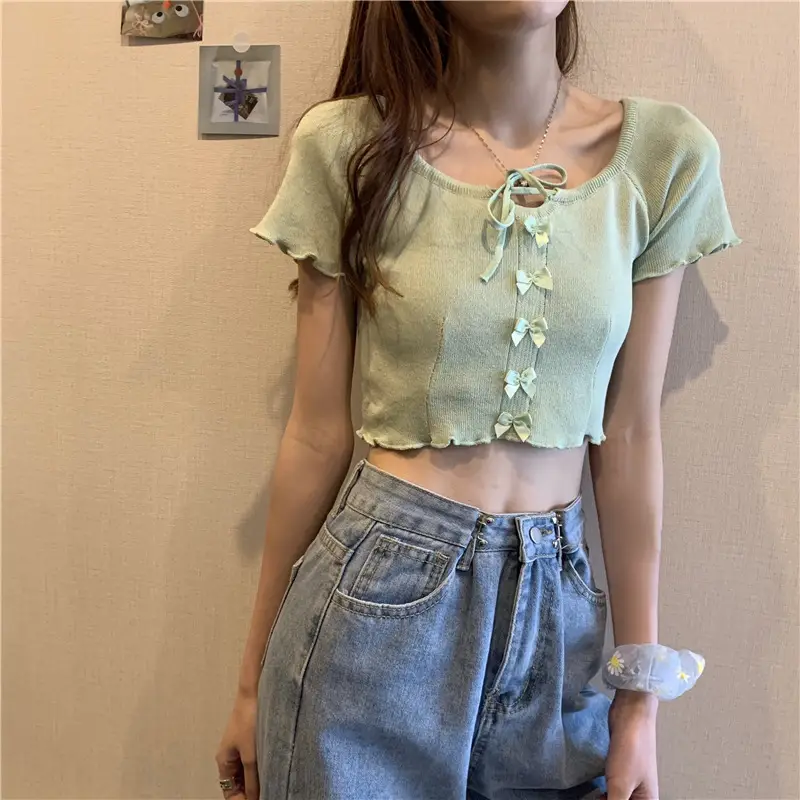 Women Blue Knitted Square Collar T-Shirt Summer Niche Design — feature 17