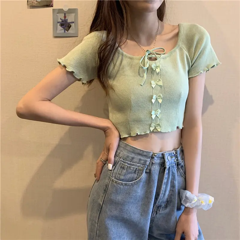 Women Blue Knitted Square Collar T-Shirt Summer Niche Design — feature 18