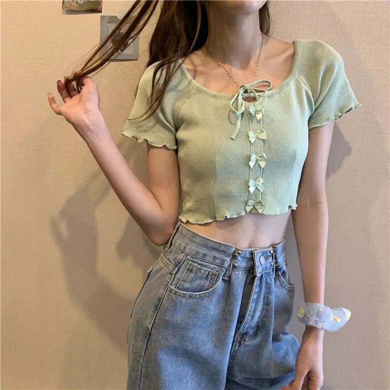 Women Blue Knitted Square Collar T-Shirt Summer Niche Design — feature 19