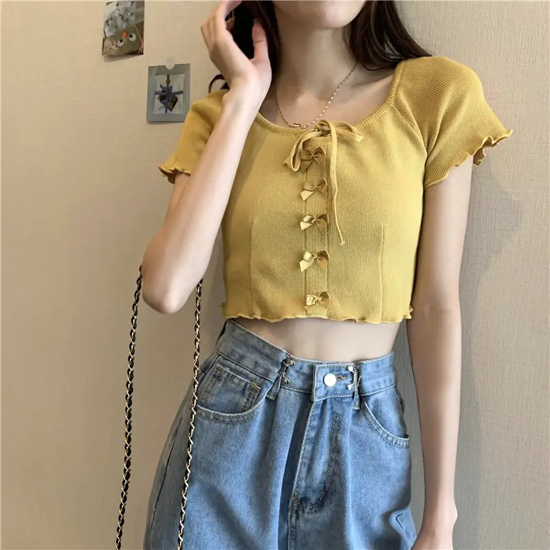 Women Blue Knitted Square Collar T-Shirt Summer Niche Design — feature 20