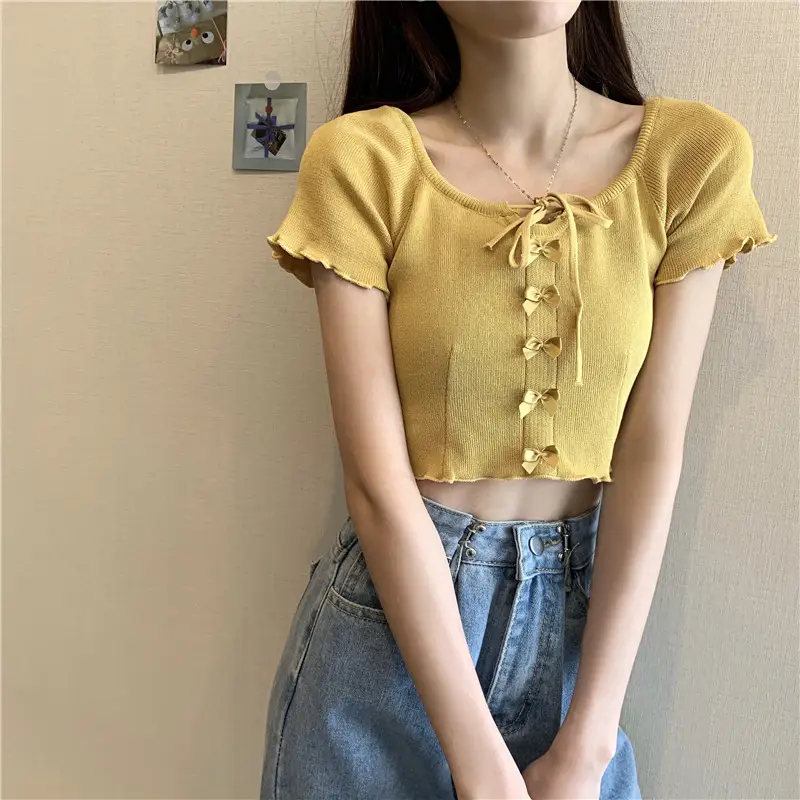 Women Blue Knitted Square Collar T-Shirt Summer Niche Design — feature 21