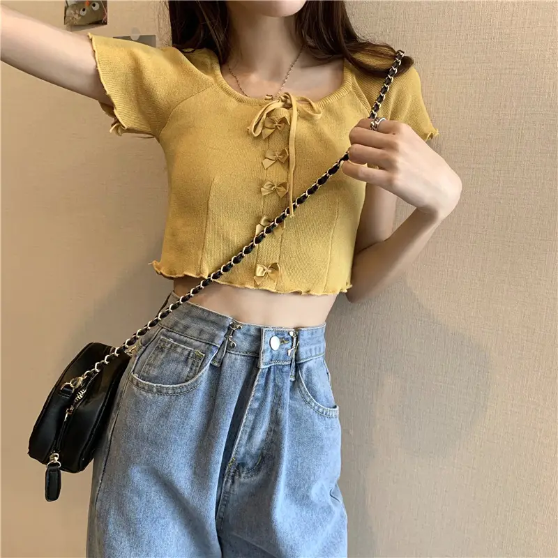 Women Blue Knitted Square Collar T-Shirt Summer Niche Design — feature 22