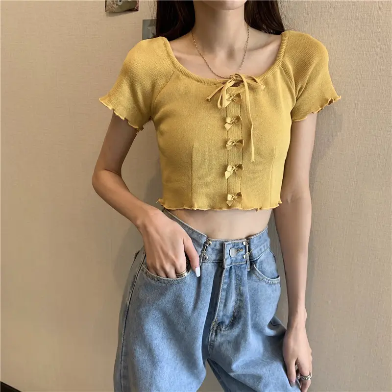 Women Blue Knitted Square Collar T-Shirt Summer Niche Design — feature 23