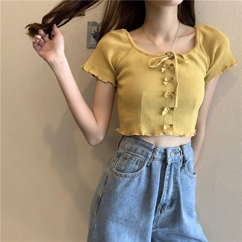 Women Blue Knitted Square Collar T-Shirt Summer Niche Design — feature 24