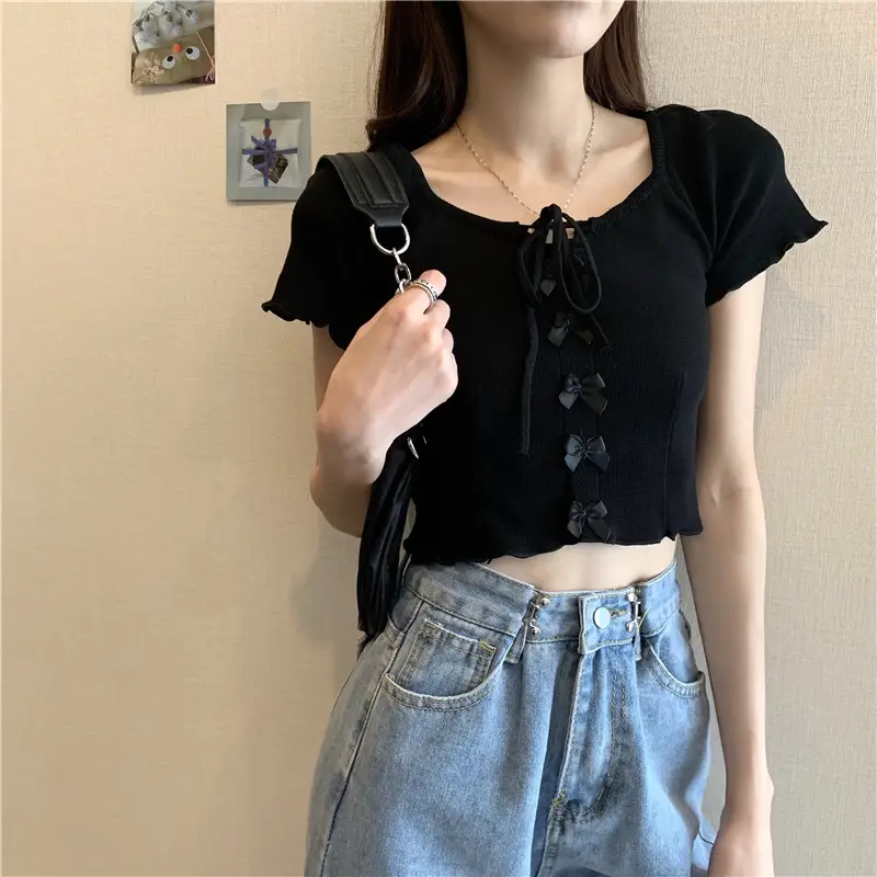 Women Blue Knitted Square Collar T-Shirt Summer Niche Design — feature 27