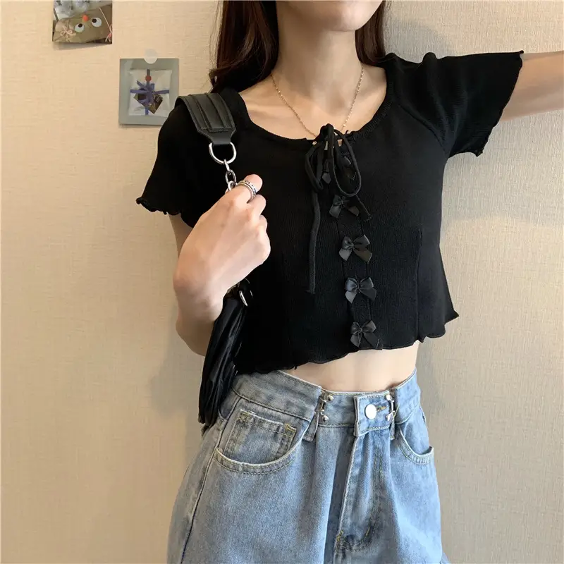 Women Blue Knitted Square Collar T-Shirt Summer Niche Design — feature 28