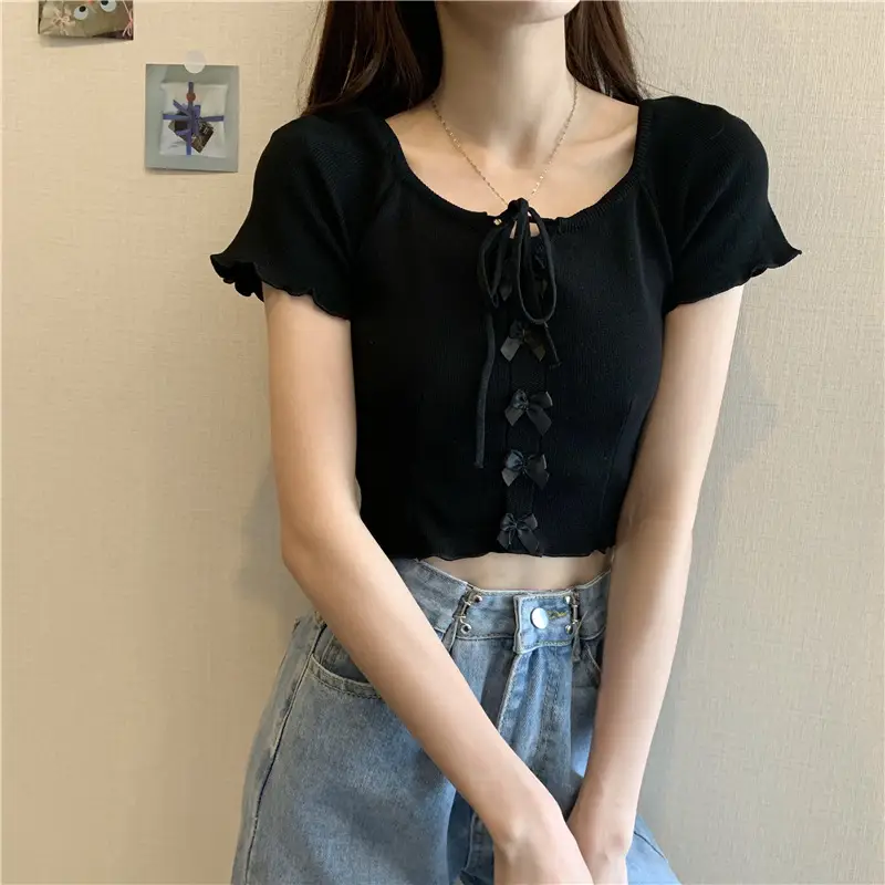 Women Blue Knitted Square Collar T-Shirt Summer Niche Design — feature 30