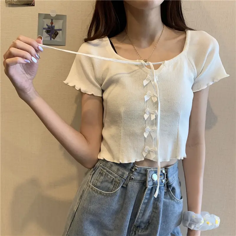 Women Blue Knitted Square Collar T-Shirt Summer Niche Design — feature 31
