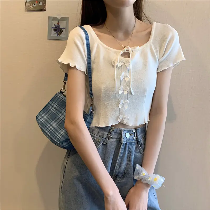 Women Blue Knitted Square Collar T-Shirt Summer Niche Design — feature 32