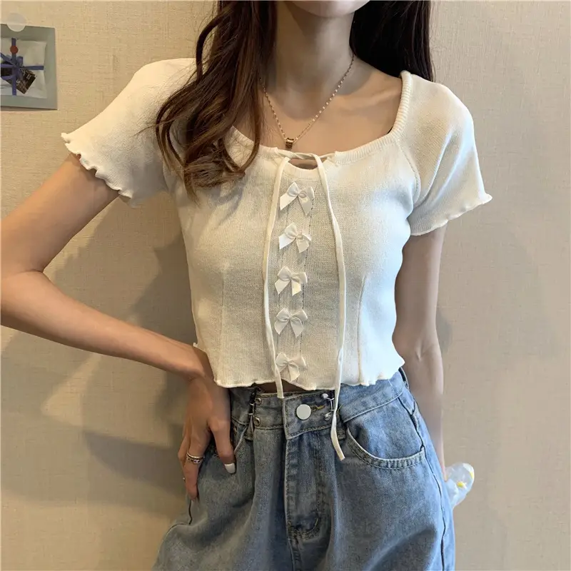 Women Blue Knitted Square Collar T-Shirt Summer Niche Design — feature 33