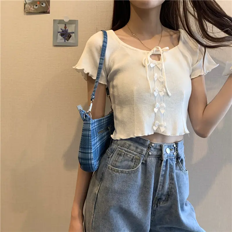 Women Blue Knitted Square Collar T-Shirt Summer Niche Design — feature 34