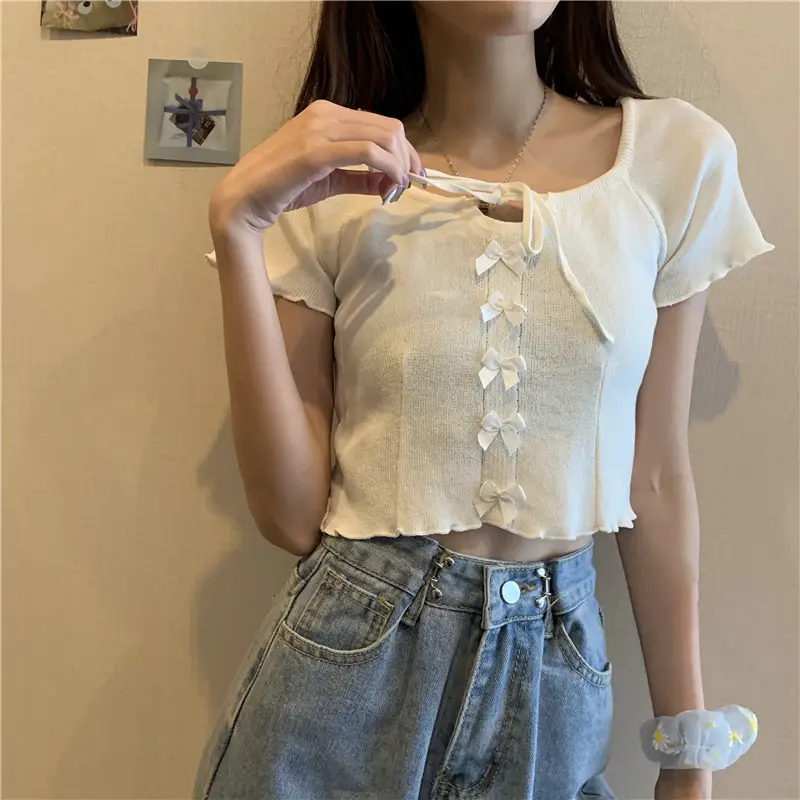 Women Blue Knitted Square Collar T-Shirt Summer Niche Design — feature 35