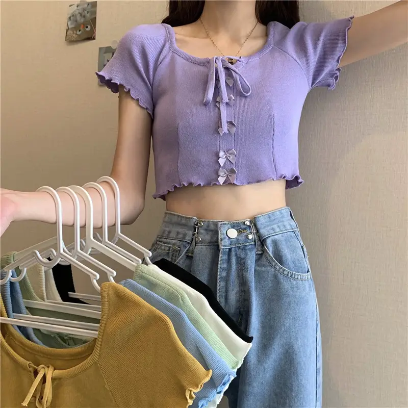 Women Blue Knitted Square Collar T-Shirt Summer Niche Design — feature 5