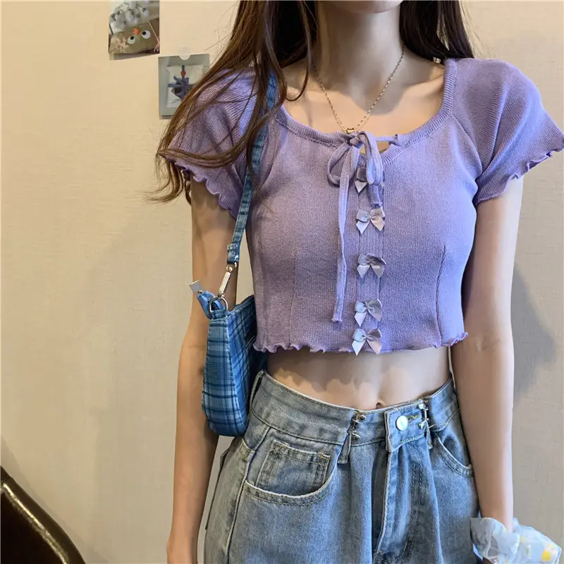 Women Blue Knitted Square Collar T-Shirt Summer Niche Design — feature 6