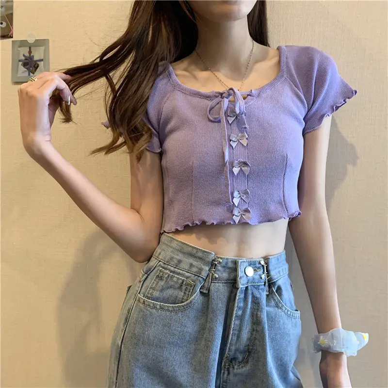 Women Blue Knitted Square Collar T-Shirt Summer Niche Design — feature 7