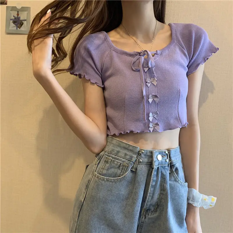 Women Blue Knitted Square Collar T-Shirt Summer Niche Design — feature 9