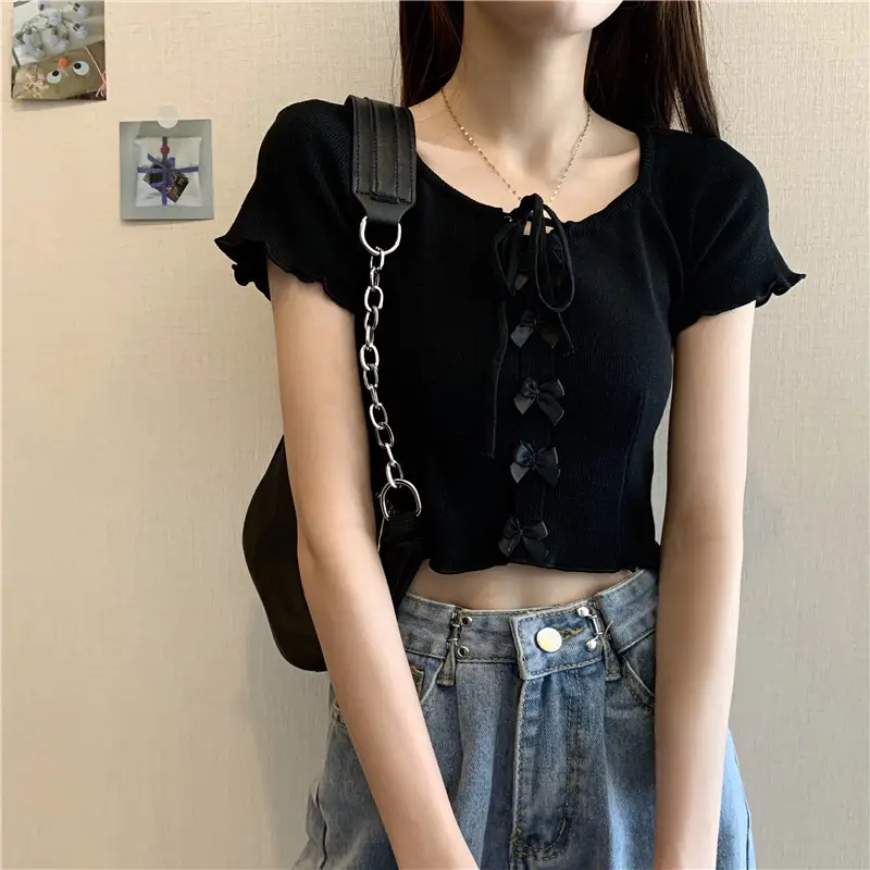 Women Blue Knitted Square Collar T-Shirt Summer Niche Design — feature 26