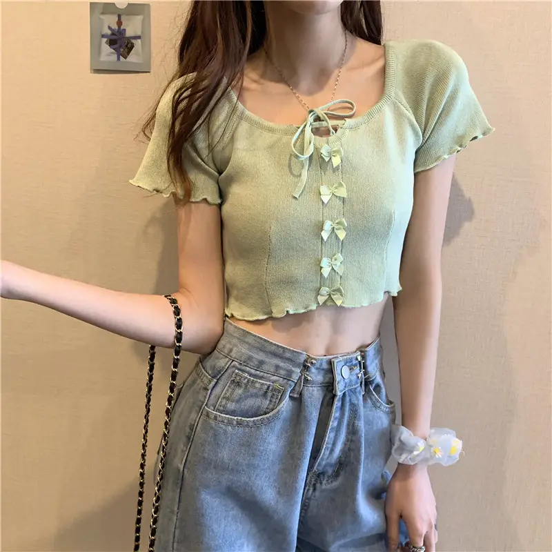 Women Blue Knitted Square Collar T-Shirt Summer Niche Design — feature 16