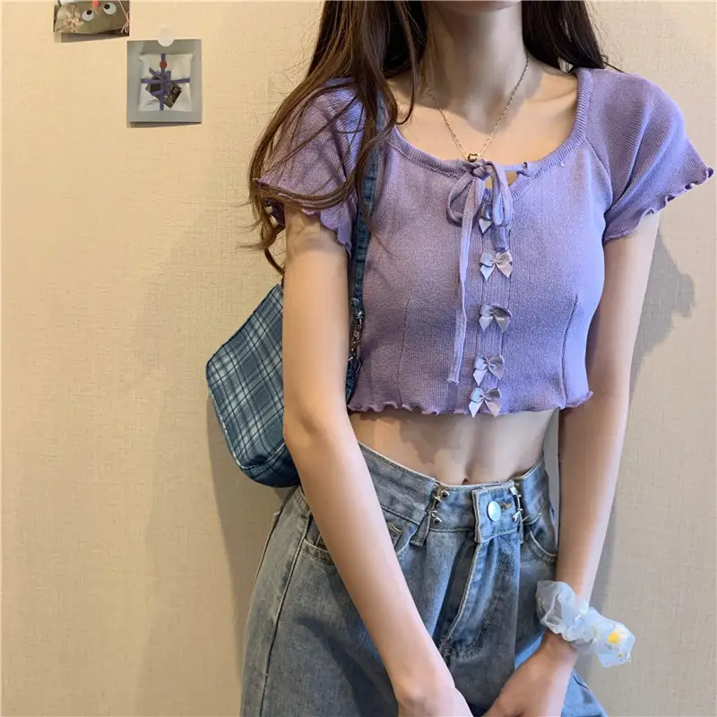 Women Blue Knitted Square Collar T-Shirt Summer Niche Design - Image 3