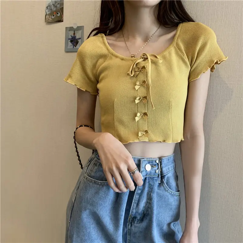 Women Blue Knitted Square Collar T-Shirt Summer Niche Design - Image 4