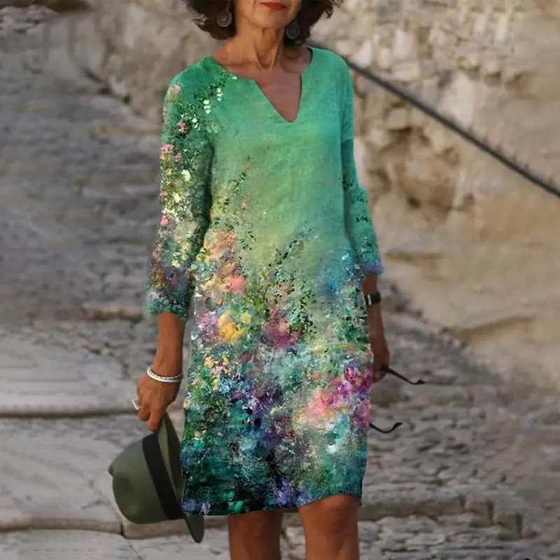 Summer 2022 V-Neck Printed Pullover Skirt Dress - Image 6