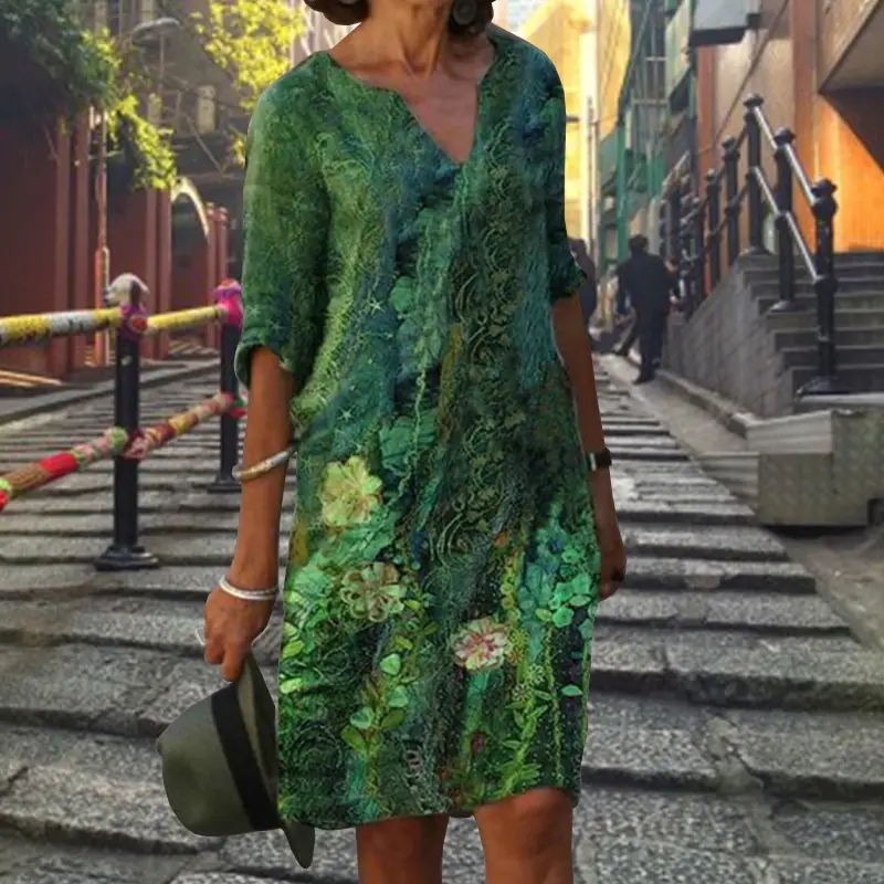 Summer 2022 V-Neck Printed Pullover Skirt Dress - Image 7