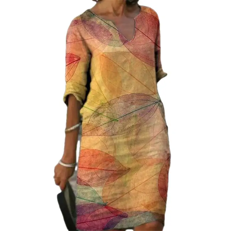 Summer 2022 V-Neck Printed Pullover Skirt Dress - Image 9