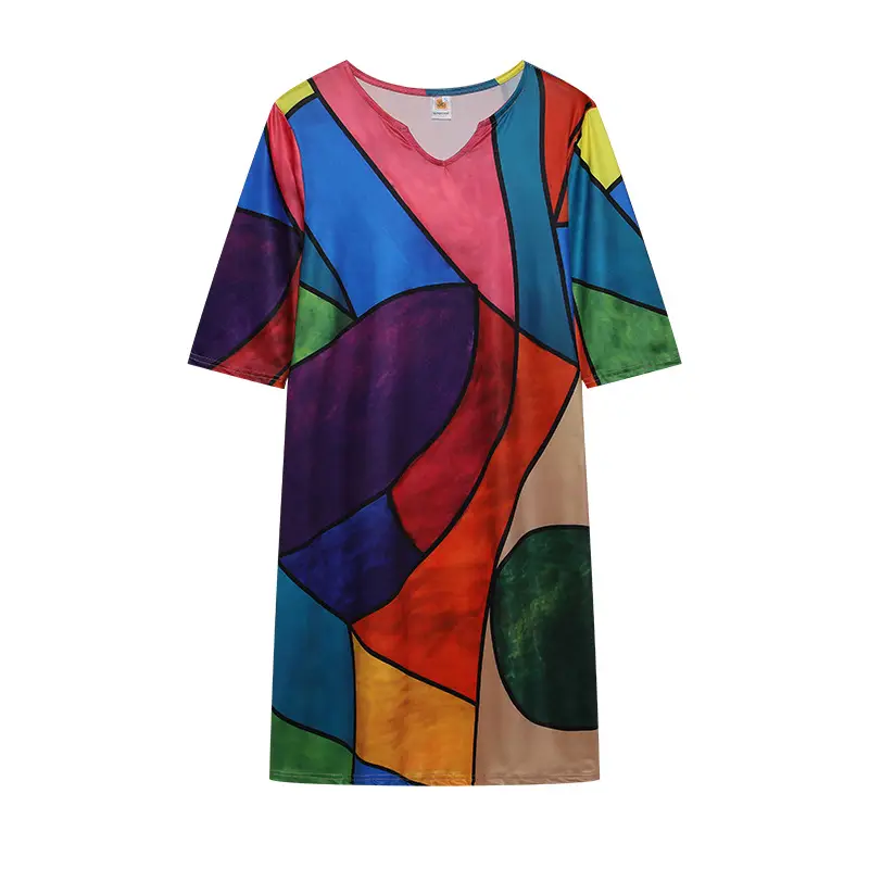 Summer 2022 V-Neck Printed Pullover Skirt Dress - Image 4