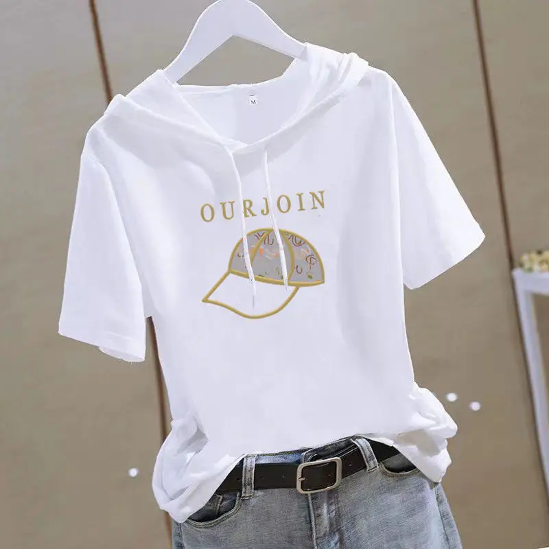 Women 2025 White Hooded T-Shirt with Gold Graphic - Image 2