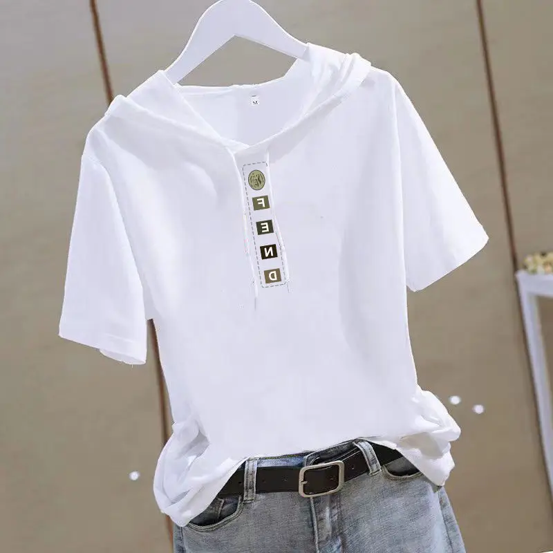 Women 2025 White Hooded T-Shirt with Gold Graphic - Image 10