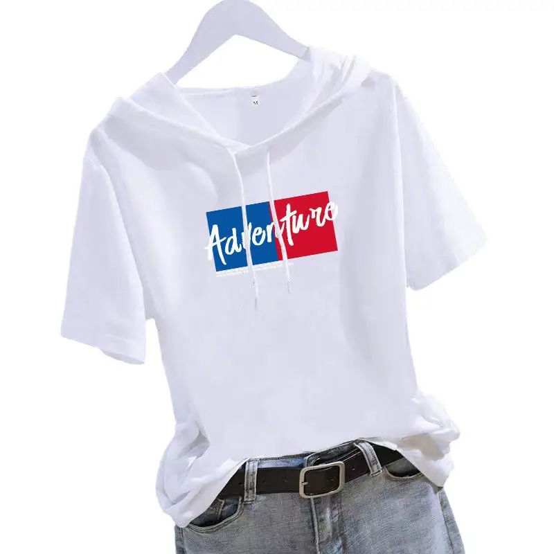 Women 2025 White Hooded T-Shirt with Gold Graphic - Image 21