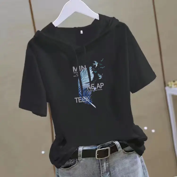 Women 2025 White Hooded T-Shirt with Gold Graphic - Image 11