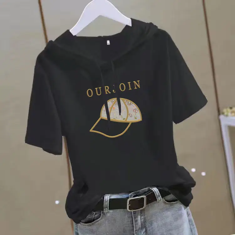 Women 2025 White Hooded T-Shirt with Gold Graphic - Image 12