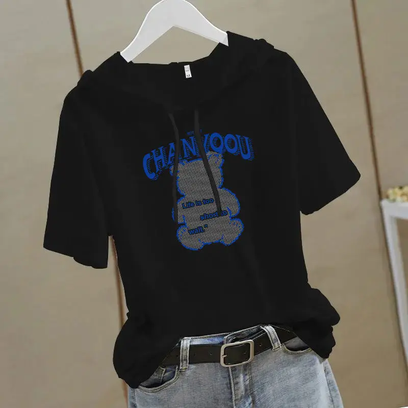 Women 2025 White Hooded T-Shirt with Gold Graphic - Image 14