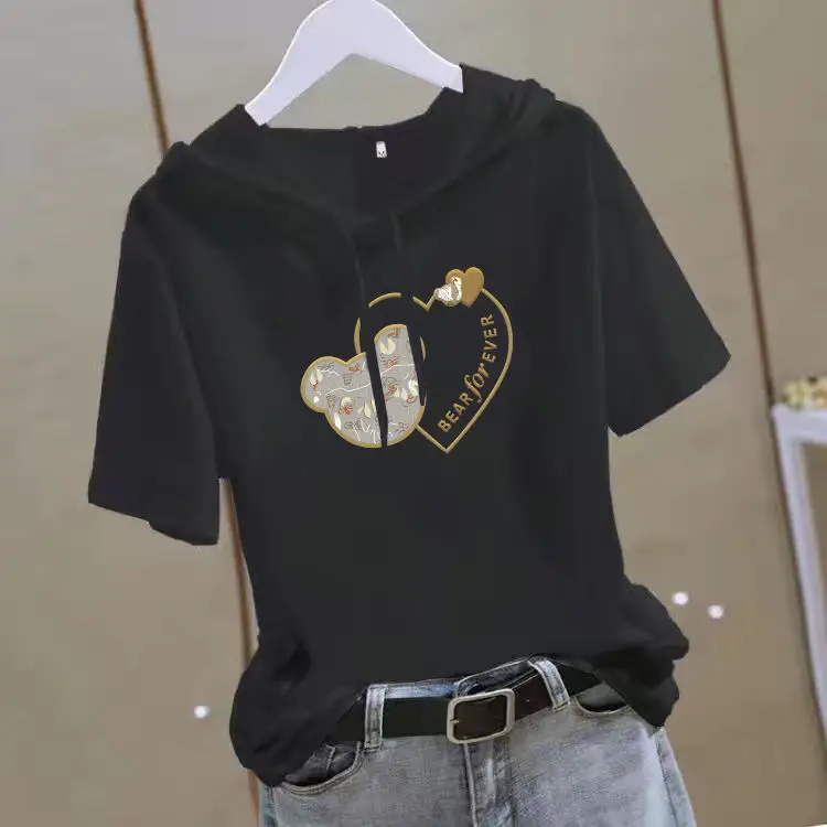 Women 2025 White Hooded T-Shirt with Gold Graphic - Image 17
