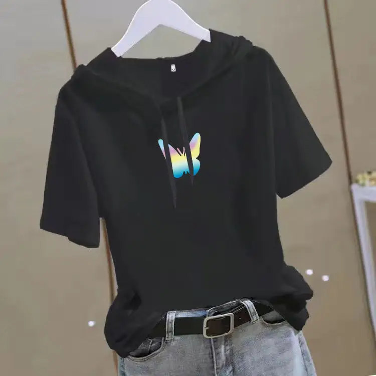 Women 2025 White Hooded T-Shirt with Gold Graphic - Image 19