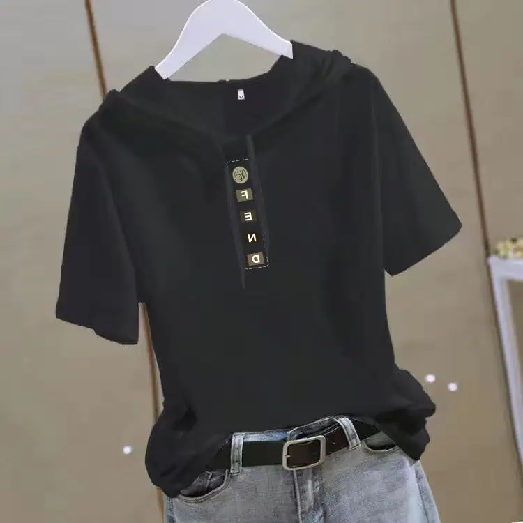 Women 2025 White Hooded T-Shirt with Gold Graphic - Image 20