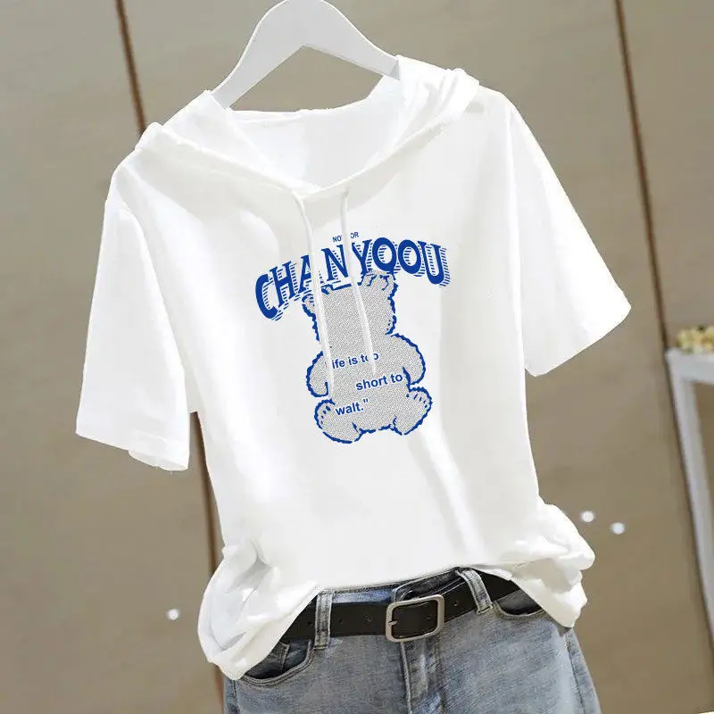 Women 2025 White Hooded T-Shirt with Gold Graphic - Image 4