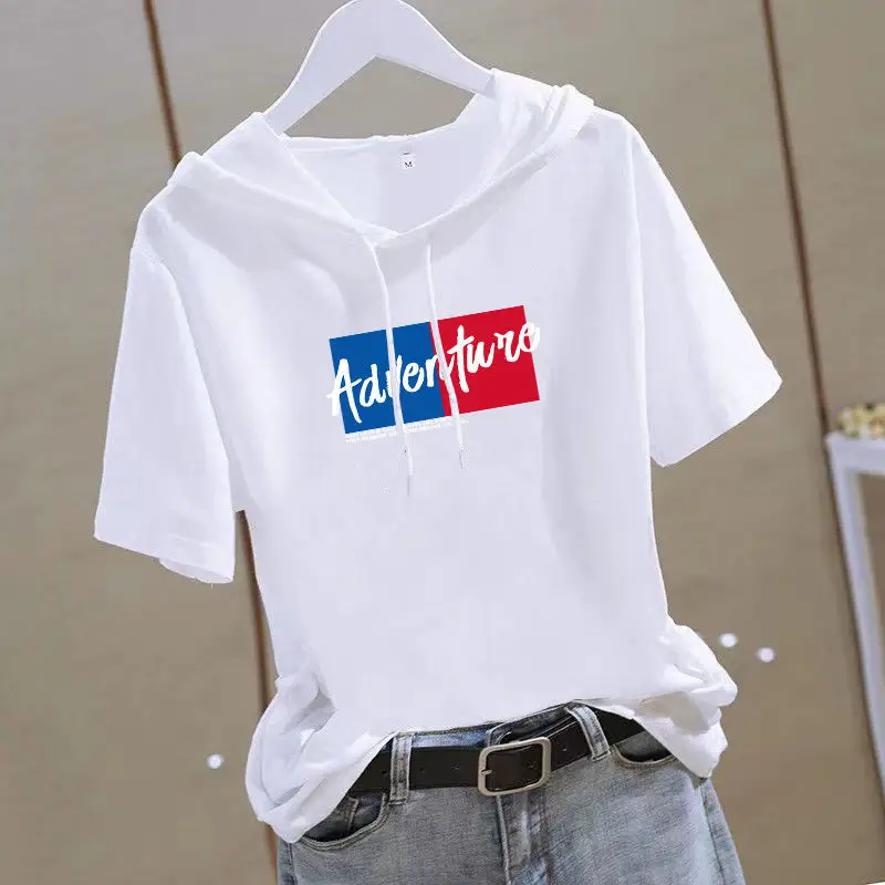 Women 2025 White Hooded T-Shirt with Gold Graphic - Image 5
