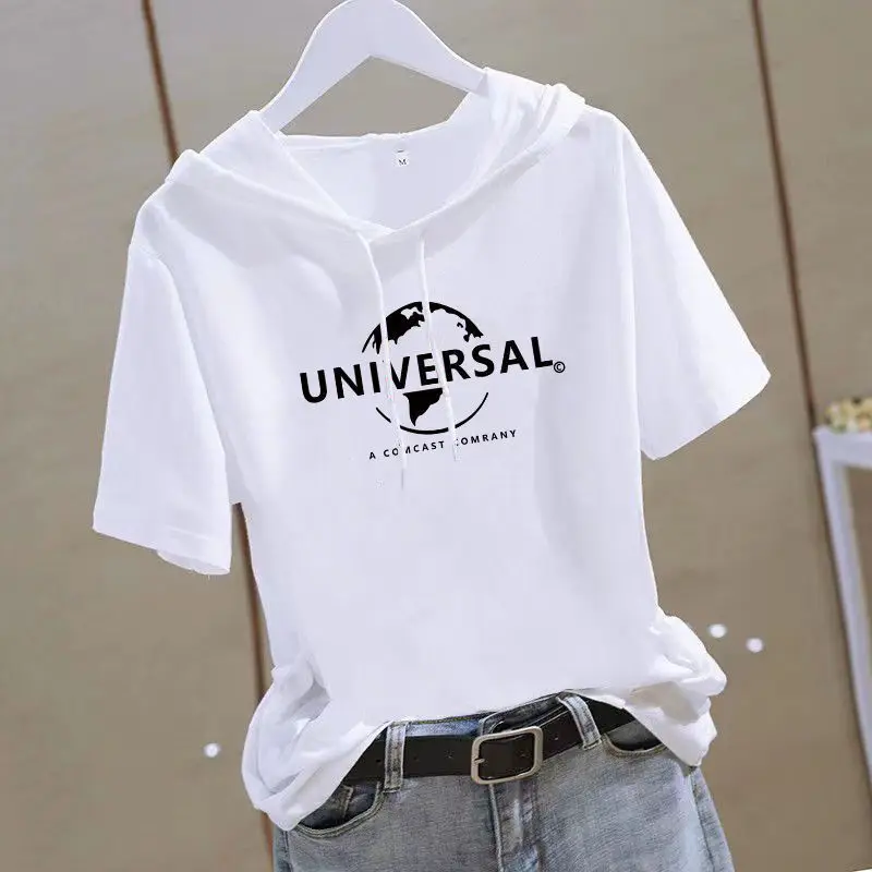 Women 2025 White Hooded T-Shirt with Gold Graphic - Image 6